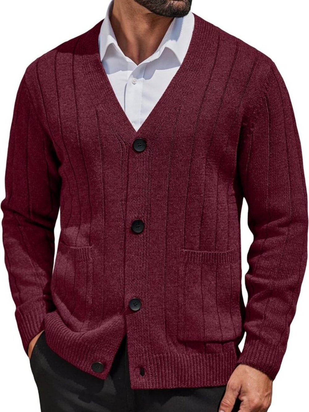Stylish Men's Cable Knit Cardigan Sweater with V Neck, Button-Up & Pockets